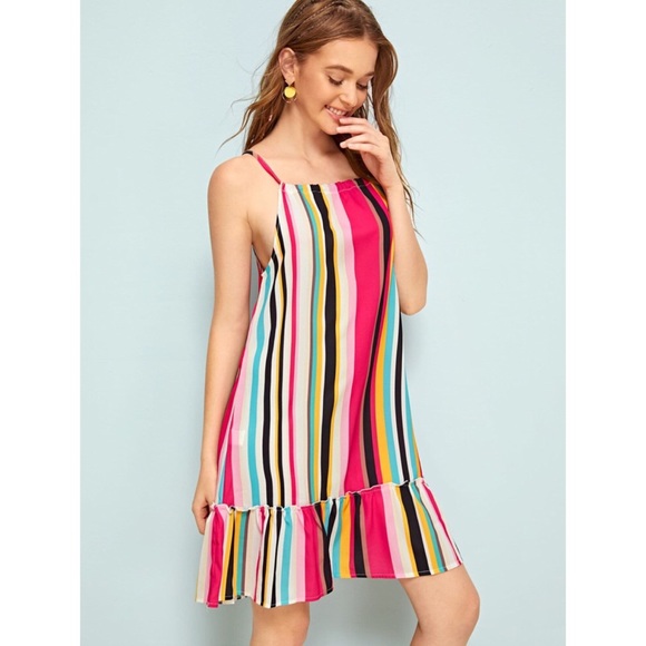 Tropical Colorful Striped Ruffle Ham Cami Dress - Picture 5 of 6